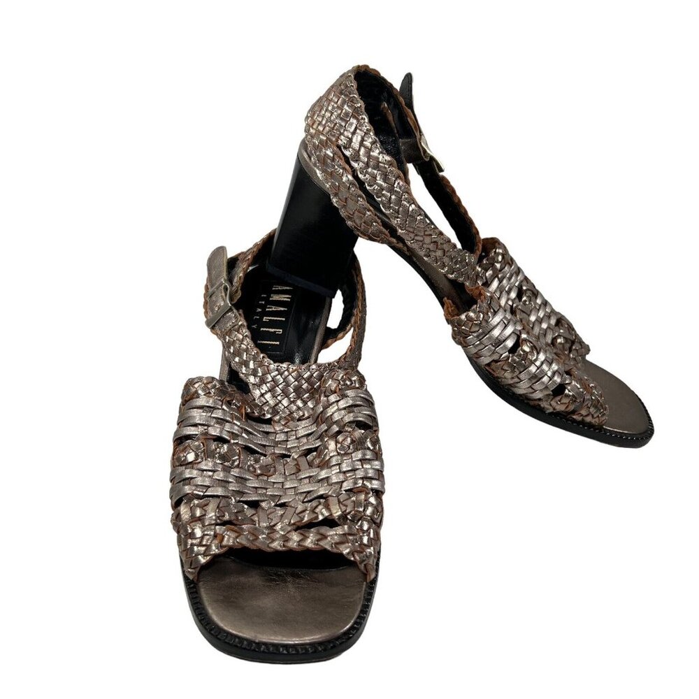 Amalfi Metallic Woven Leather Sandals Block Heel Italy Sz 7 B Strappy Open Toe - Picture 11 of 13